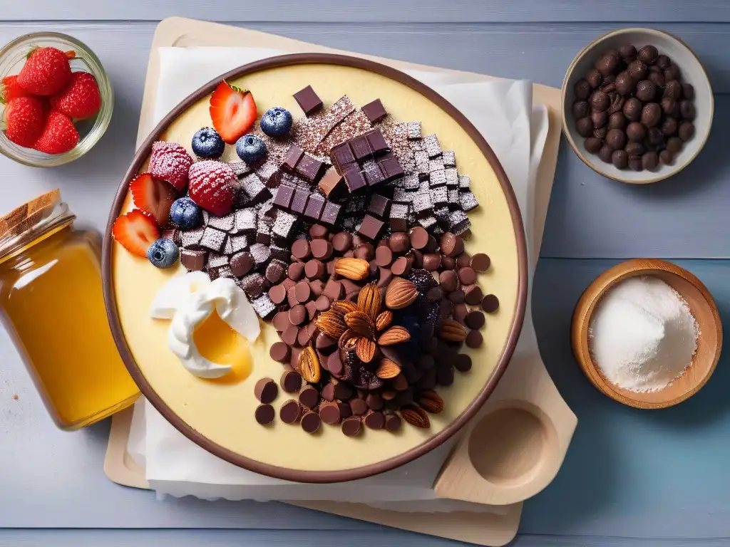 Una vista detallada de ingredientes sin gluten para repostería infantil, con colores vibrantes y texturas variadas sobre una encimera de mármol