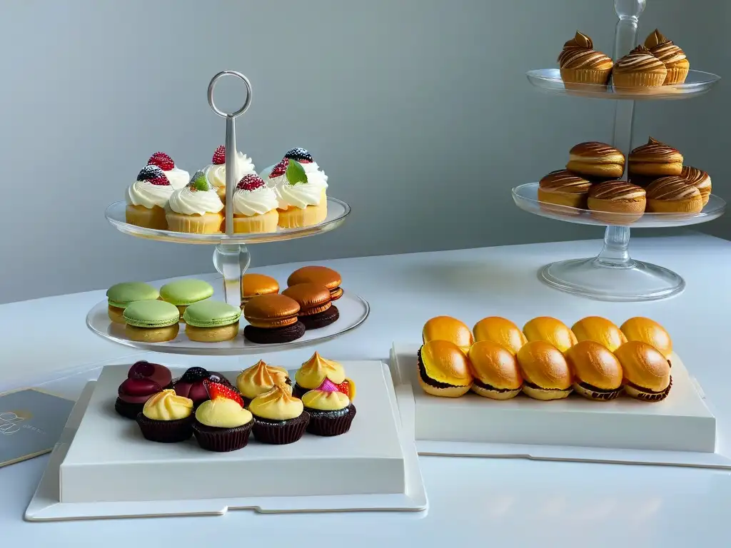 Delicias de repostería: pastelería exquisita en encantador entorno blanco Una vista exquisita de pasteles y postres en una cocina blanca impecable