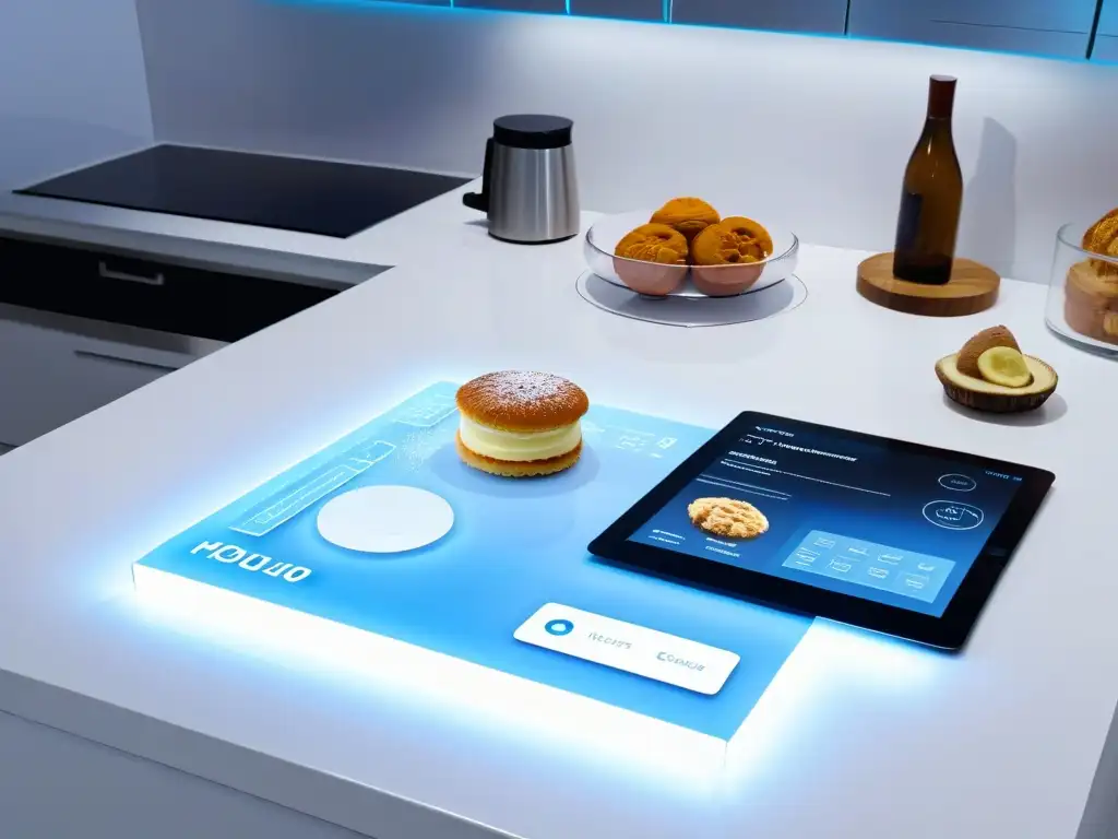 Vista futurista de cocina con herramientas AR y chef holográfico