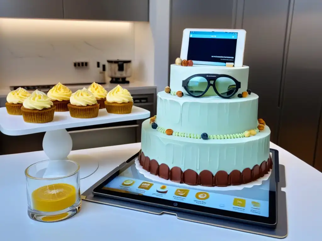 Vista futurista de cocina con realidad aumentada y repostería