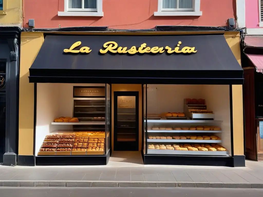 Vista de una marca pastelería inolvidable: 'La Dulce Vida: Repostería Artesanal', con elegantes vitrinas y tonos pastel sofisticados