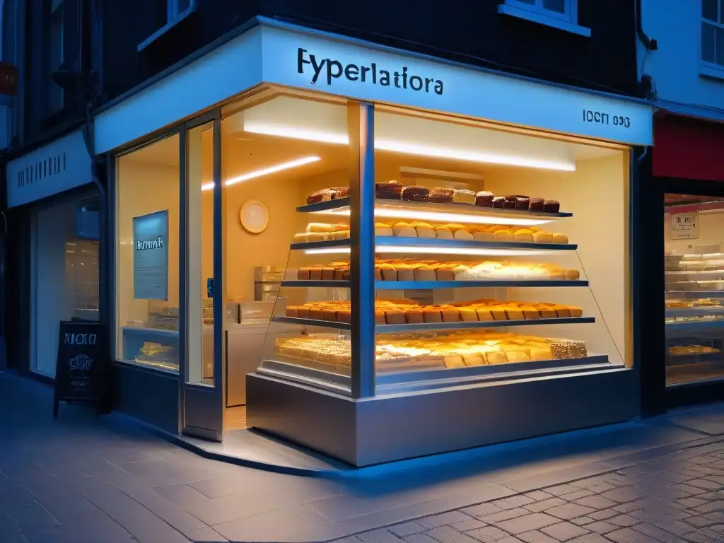 Vista nocturna de una repostería moderna y elegante con merchandising digital de marca