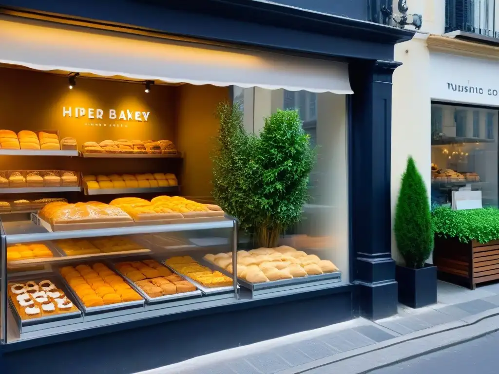 Bakery ecofriendly con certificaciones orgánicas y de comercio justo Vista de una pastelería moderna con certificaciones orgánicas y repostería variada en escaparate, rodeada de vegetación