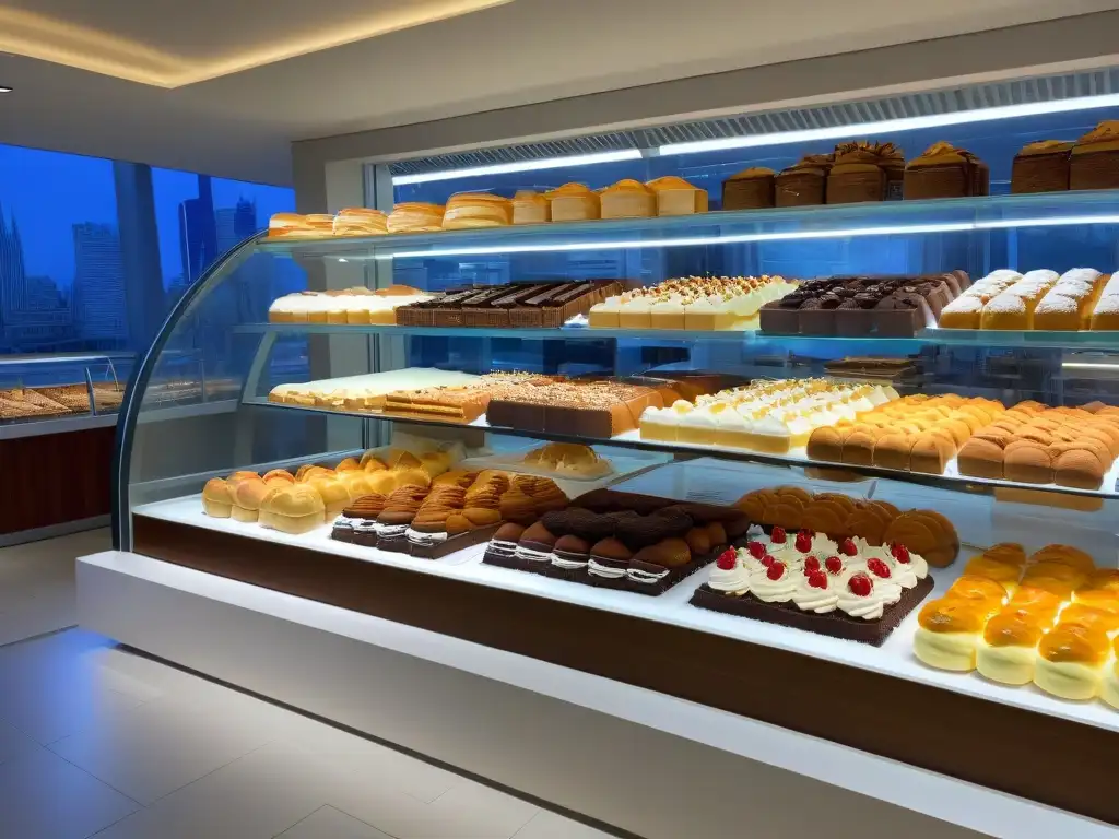 Vista de una pastelería moderna y elegante con exquisitos pasteles y postres