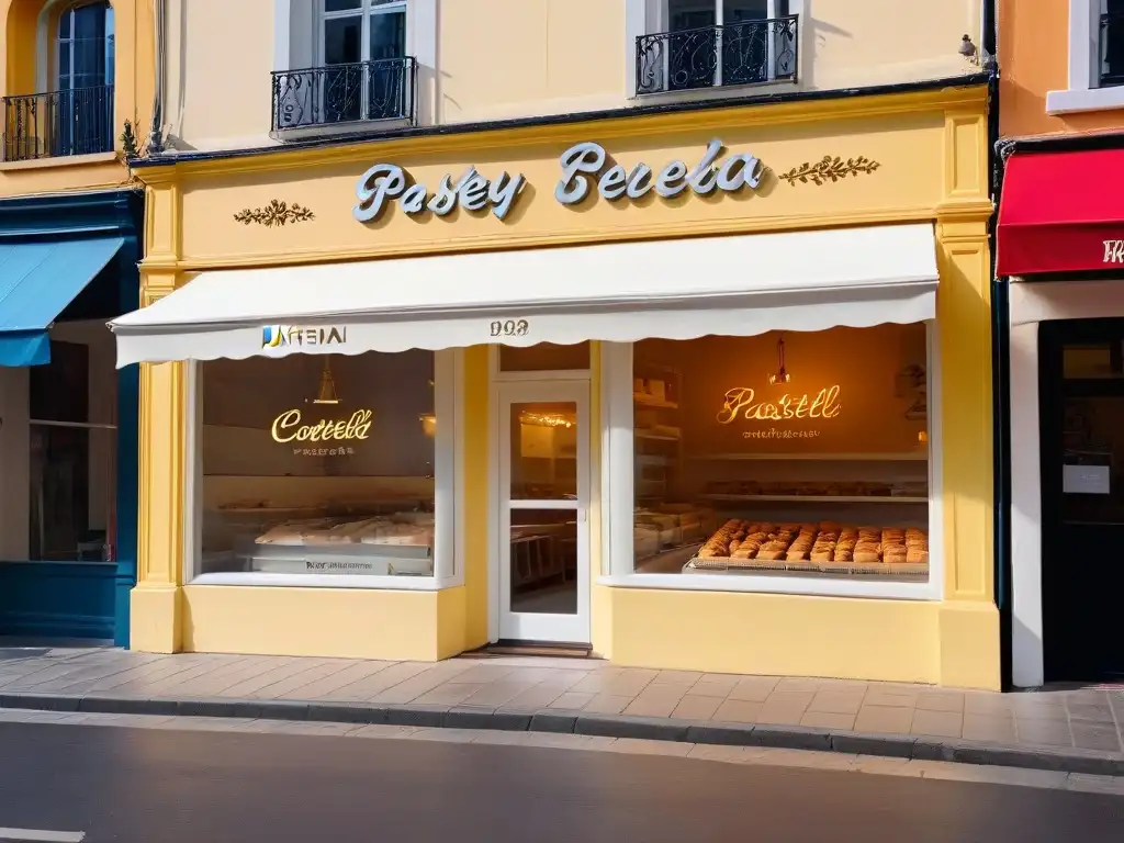 Vista serena de una pastelería al anochecer, con luz cálida iluminando la calle