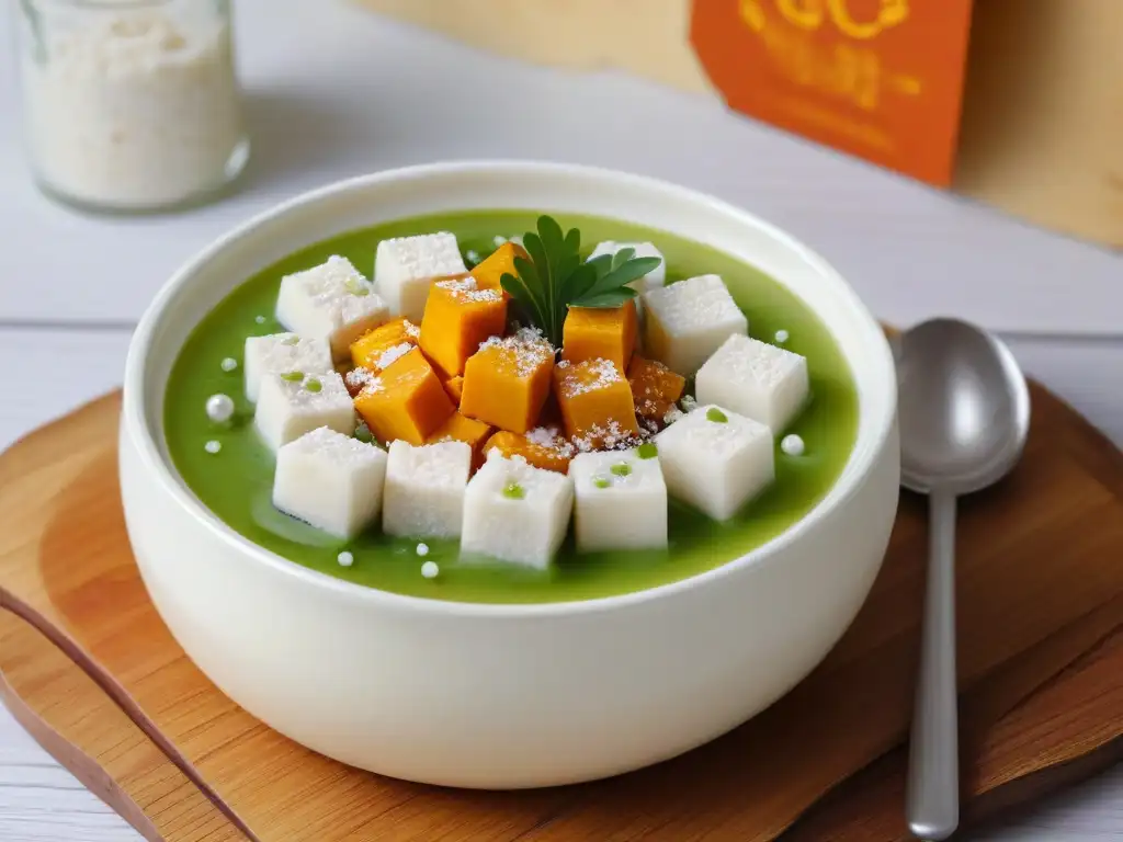 Una vista serena de un tazón vibrante con la receta tradicional Bubur Cha Cha, resaltando colores y texturas en una mesa de madera