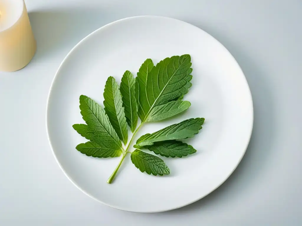 Un vistazo detallado a una hoja de stevia, resaltando sus intrincadas venas verdes y frescura natural