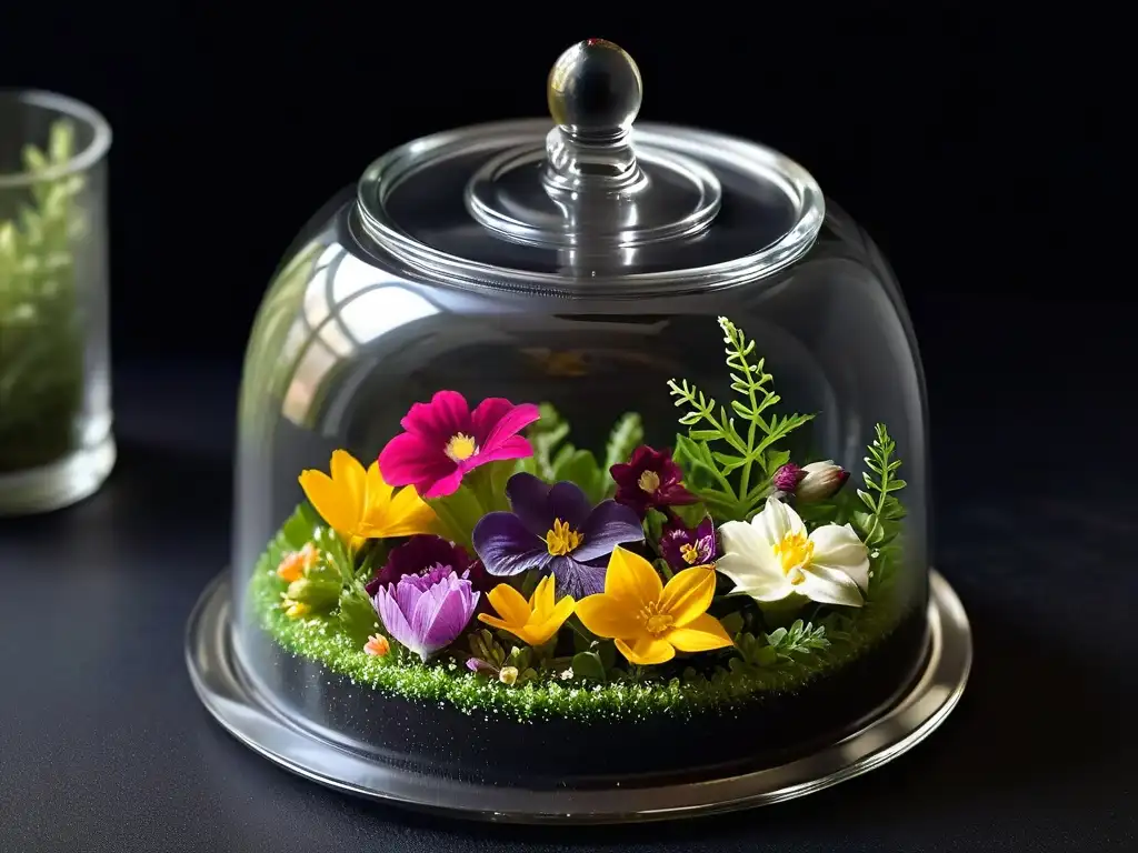 Un vistoso jardín comestible de flores y hierbas dentro de una cúpula de azúcar, sobre fondo negro