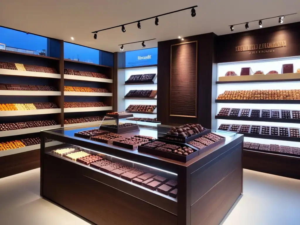 Vitrina elegante de chocolates belgas artesanales en una tienda minimalista