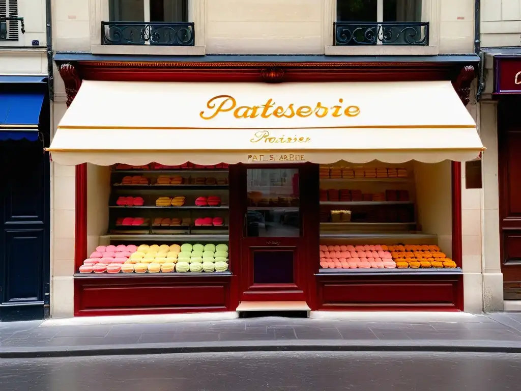 Vitrina elegante de una clásica Patisserie en París con macarons y pasteles