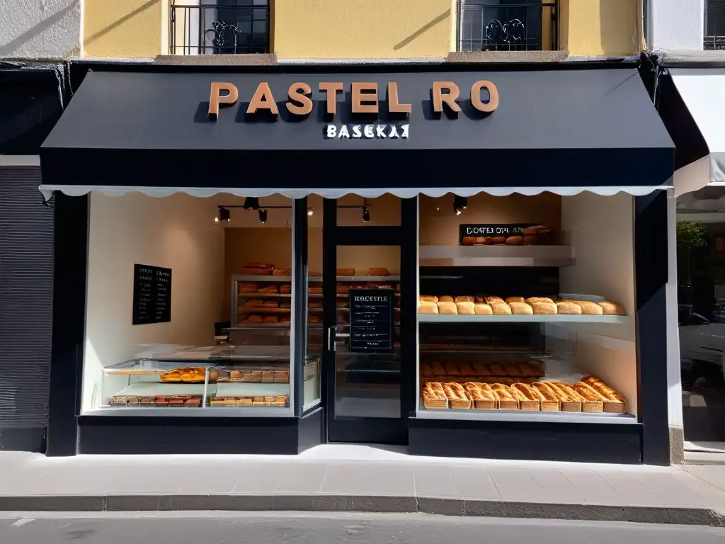 Vitrina elegante de pastelería moderna con letrero 'Pastelería SEO', resalta la imagen profesional