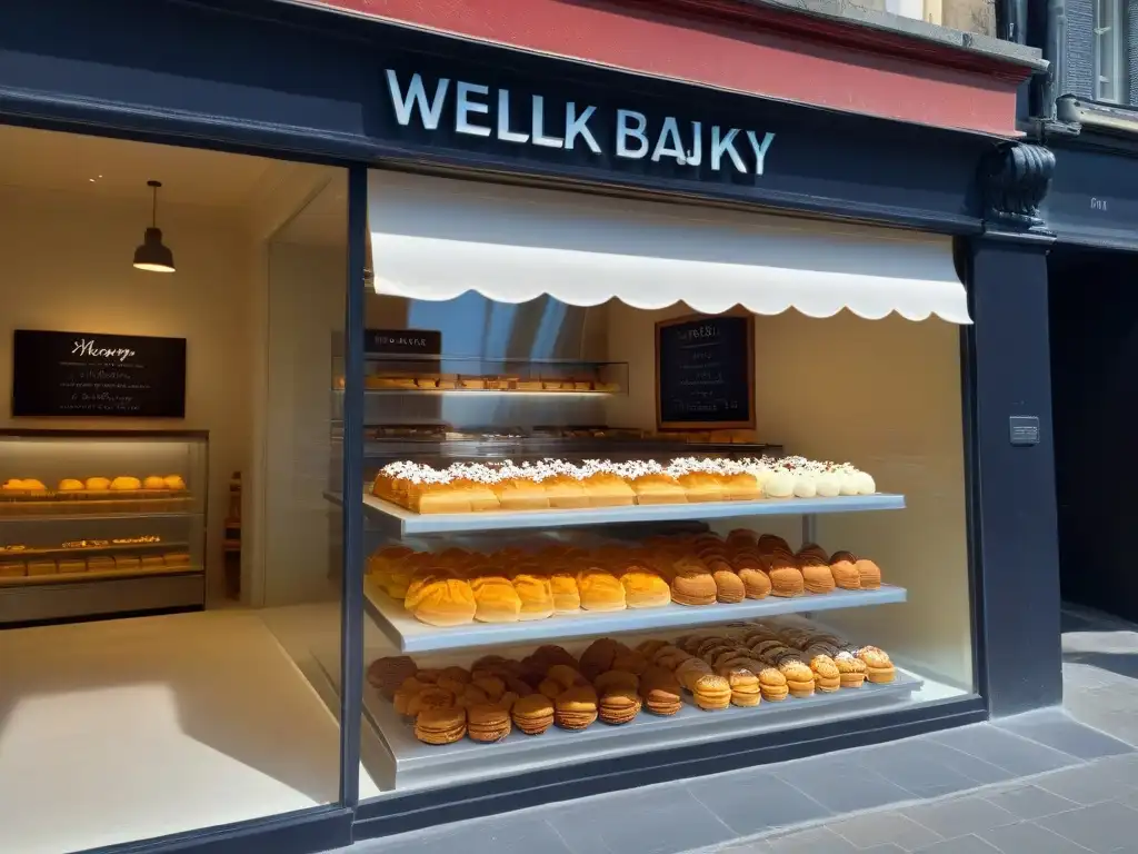 Vitrina moderna de pastelería con repostería decorada y el logo de una marca, reflejando la escena de una calle animada