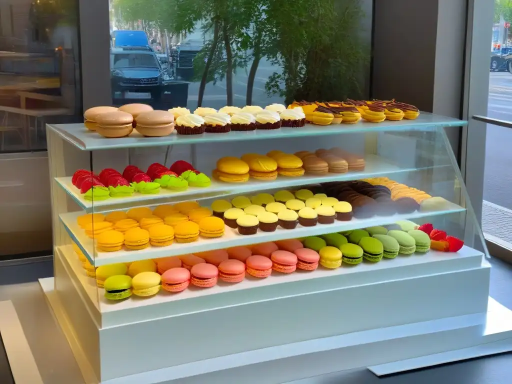 Vitrina de pastelería al amanecer: deliciosos pasteles y colores vibrantes Vitrina de pastelería decorada al amanecer con pasteles coloridos y elegantes, estrategias reseñas positivas pastelerías