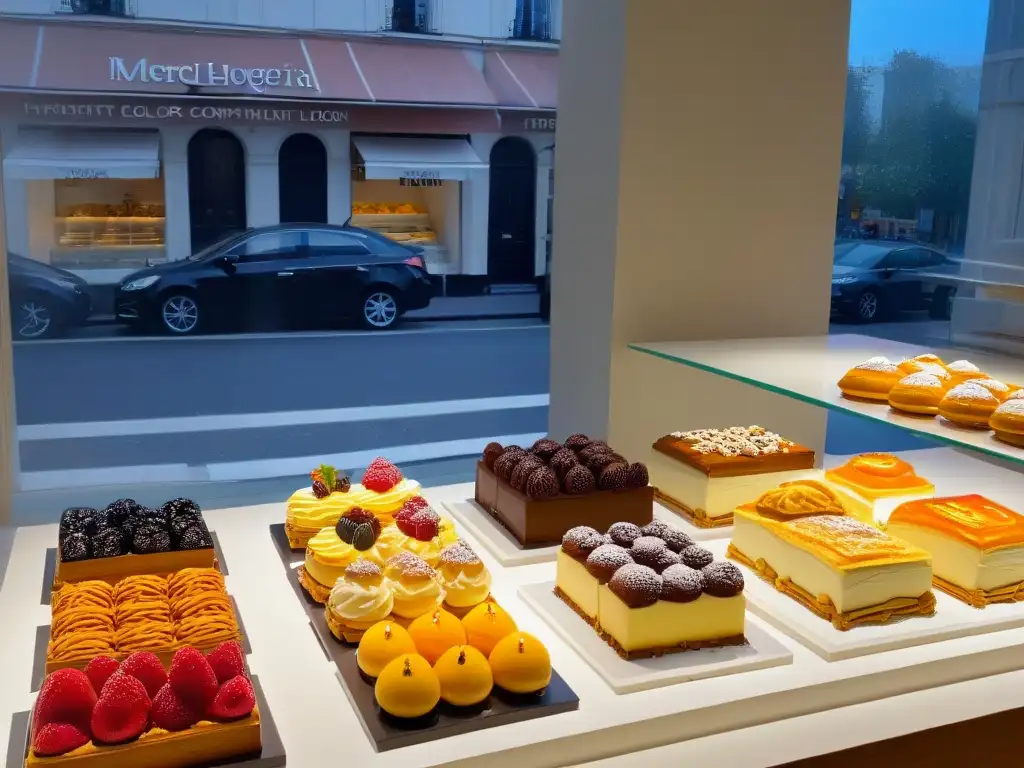 Vitrina de pastelería italiana con exquisitos postres y pasteles, en un ambiente sofisticado y encantador