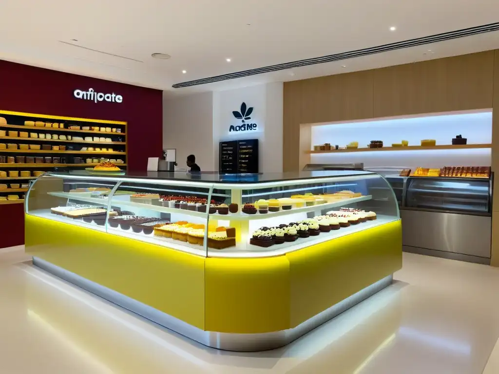Vitrina de postres australianos tradicionales y modernos en café elegante y minimalista