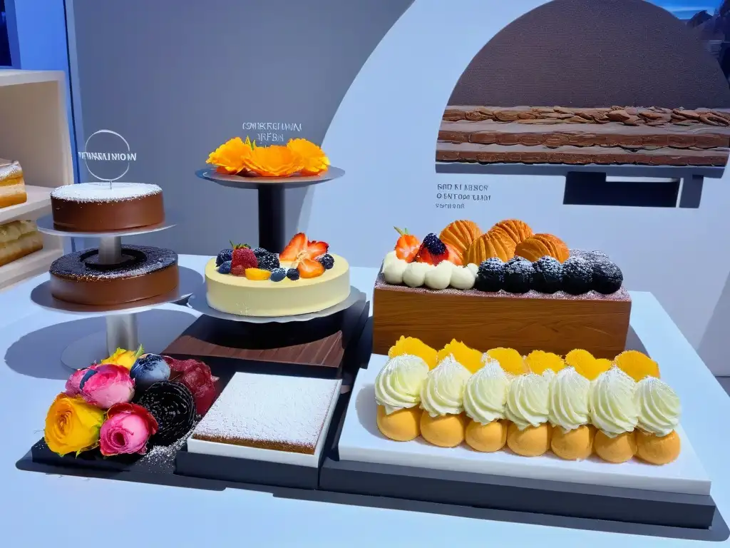 Vitrina de postres modernos en festival de repostería 2023: elegante, vibrante y sofisticada