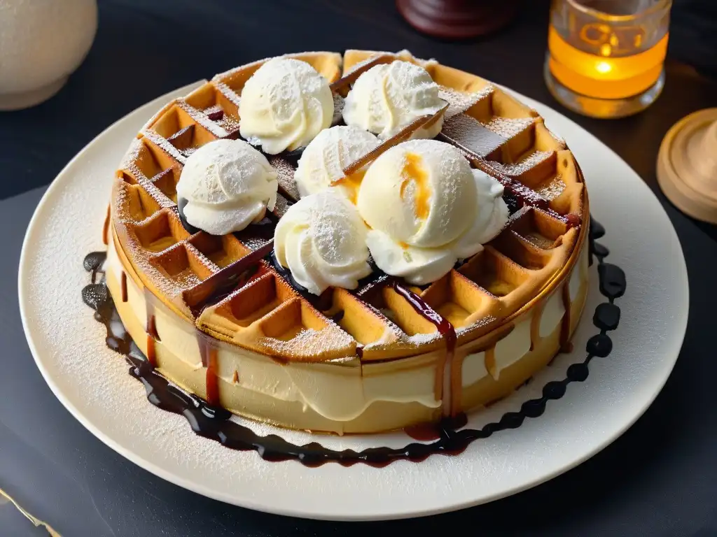 Delicioso waffle dorado con helado de vainilla y sirope de arce Un waffle dorado con helado y sirope sobre un plato blanco, en un fondo oscuro