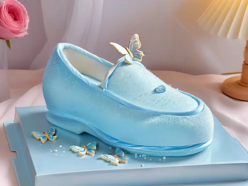 Un zapatito de cristal inspirado en Cenicienta rodeado de postres inspirados en películas Disney