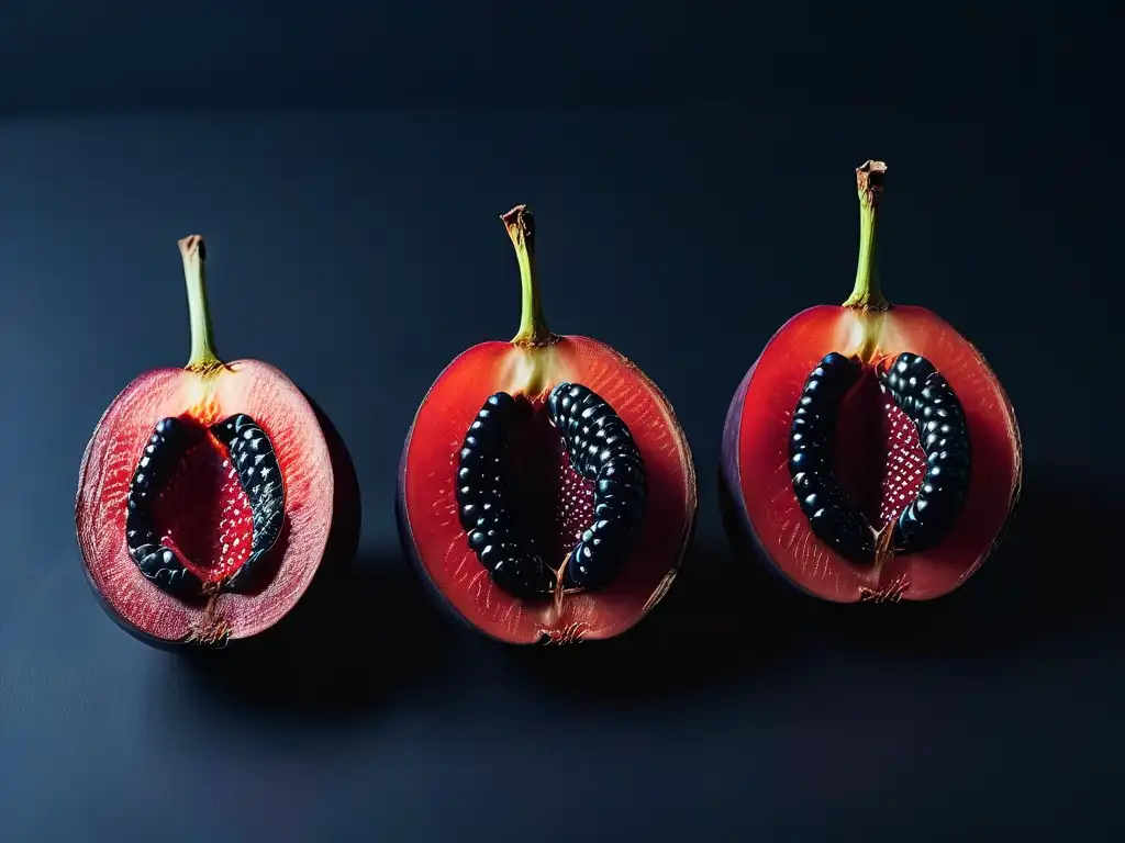 Un zapote negro dividido en dos, revelando su textura y semillas en un elegante contraste de colores