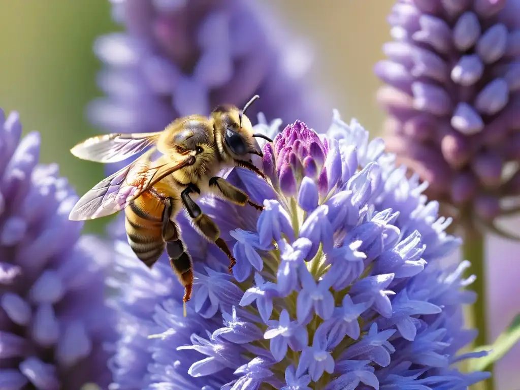 Detalle dorado: abeja en flor de lavanda púrpura Un zumbido de beneficios: una abeja dorada en una flor de lavanda, capturando polen